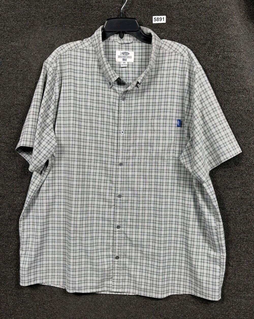 AFICO American Fishing Tackle Co Plaid Button Up Shirt Men XXL Gray Short Sleeve